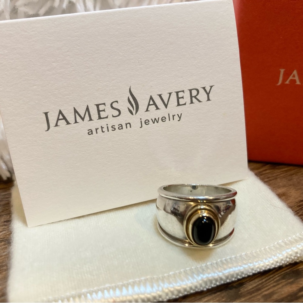 James Avery Retired Black Onyx Sterling 14k Gold Christina Ring Wide Size 5.25 - Picture 1 of 7
